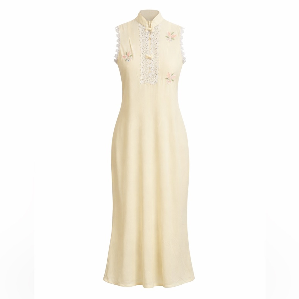 Eve Stillman VTG Nightgown Cream Appliqué Flower Lace High Neck Mandarin Collar